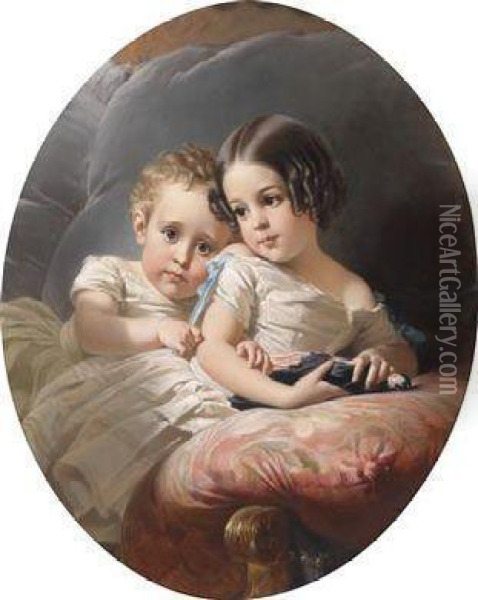 Portrait Of Two Children Oil Painting - Edouard Louis Dubufe