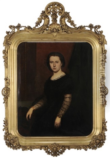 Portrait Of A Lady In Black Lace-trimmed Gown Oil Painting - Frans Verhas