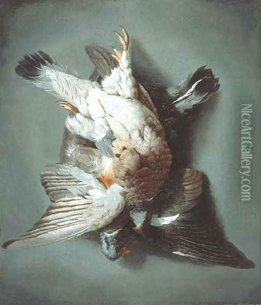 A brace of woodpigeon hanging from a string against a wall Oil Painting - Jacob Biltius