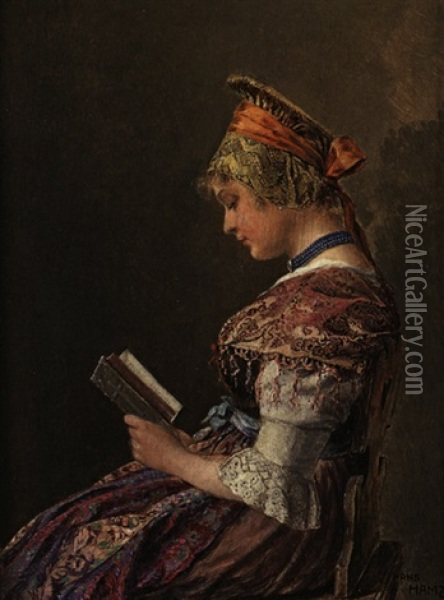 Auf Stabelle Sitzende, Lesende Frau In Wachauer Tracht Oil Painting - Hans Hamza