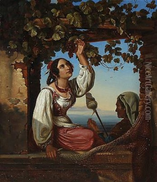 Two Italian Women In A Pergola Oil Painting - Auguste Johan Frederik Carl Lorange
