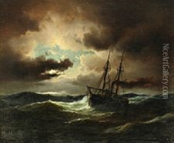 Ship In High Seas, Clearing In The Horizon Oil Painting - Carl Ludwig Bille