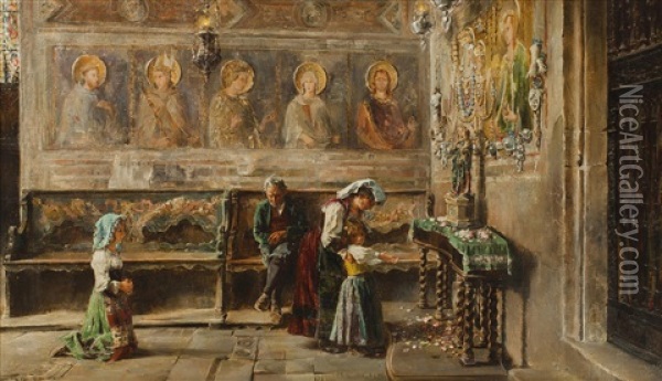 Gebet In Der Kapelle Oil Painting - Vicente Poveda Y Juan