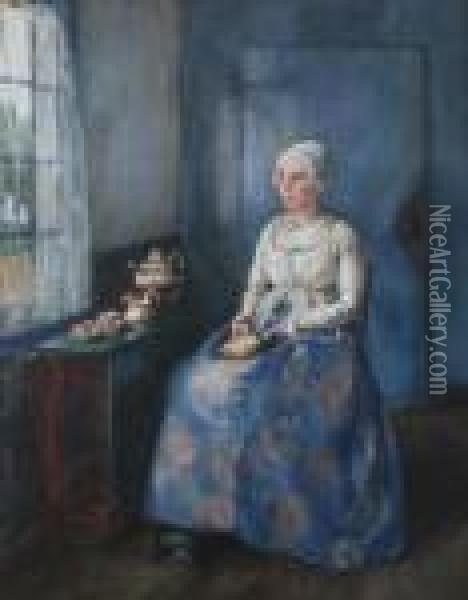 Arrangement In Blue Woman Seated By Window Oil Painting - C.H Whittenbury