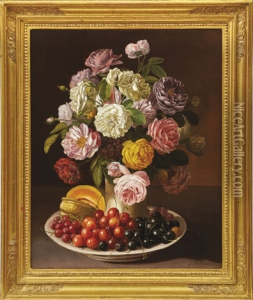Paar Blumenstillleben Mit Fruchten Oil Painting - Leopold von Stoll