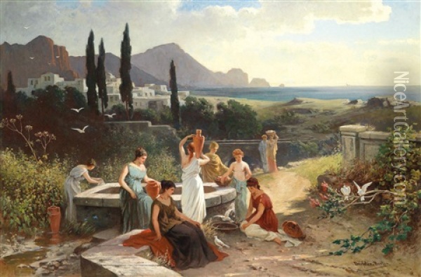 Women By The Well Oil Painting - Friedrich Wilhelm Albert Dressler