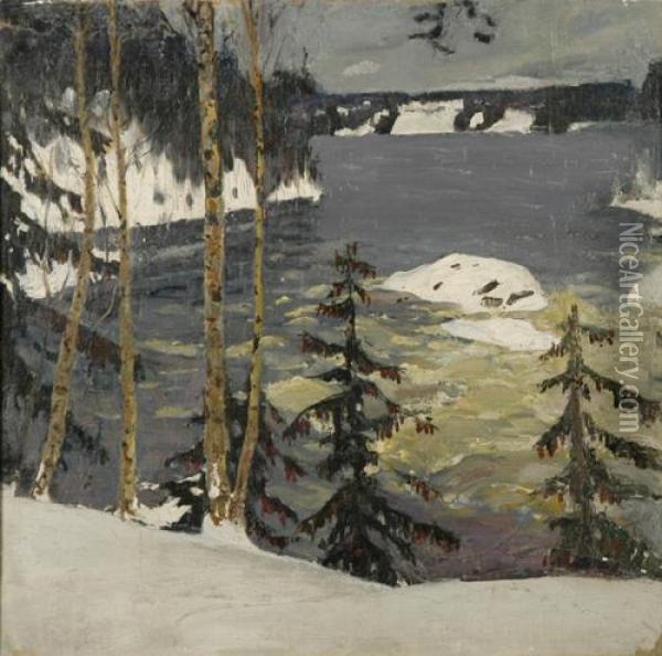 Paesaggio Fluviale Sotto La Neve Oil Painting - Grigory Mikhailovich Bobrovsky