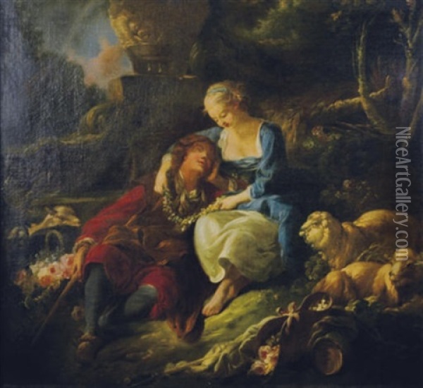 A Shepherd And Shepherdess Resting In A Landscape Oil Painting - Jean Baptiste Huet