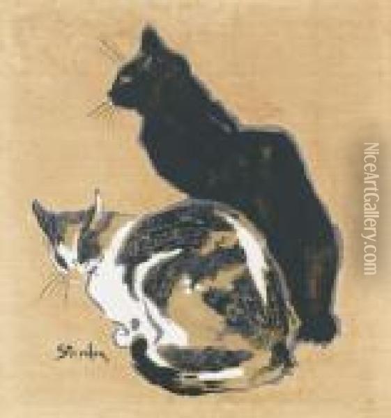 Zwei Katzen. Oil Painting - Theophile Alexandre Steinlen
