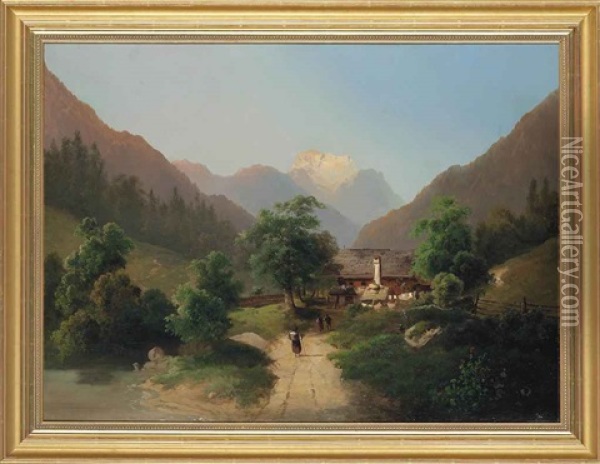 Travelers By An Alpine Cottage, With An Extensive Alpine Landscape Beyond Oil Painting - Theodore von Ehrmanns