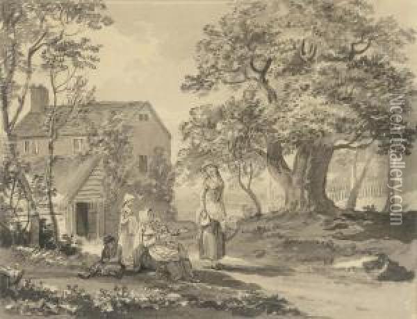 A Mother With Her Children Asking For Money By A Country Lane Oil Painting - Paul Sandby
