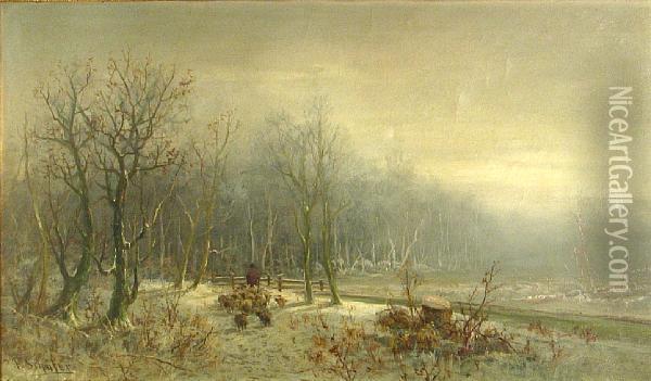 A Shepherd And His Flock In Winter Oil Painting - Frederick Ferdinand Schafer