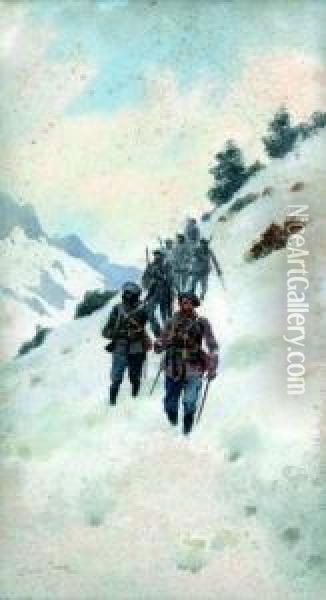 Chasseurs Alpins Dans La Neige Oil Painting - Pierre Comba
