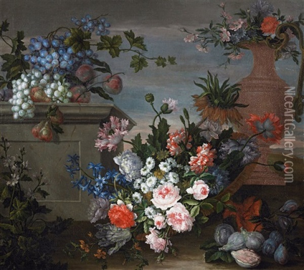 Still Life With Flowers And Fruit Oil Painting - Antoine Monnoyer