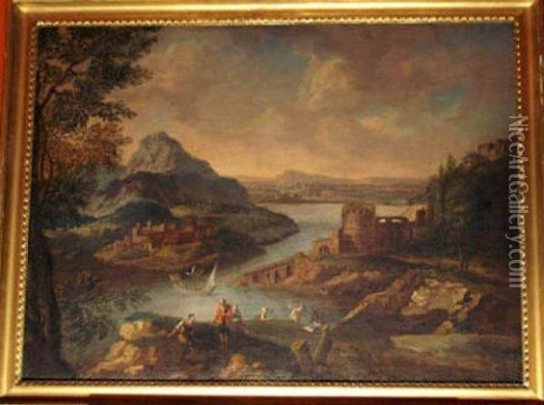 Italian Landscape With Peasants Oil Painting - Johann Eismann