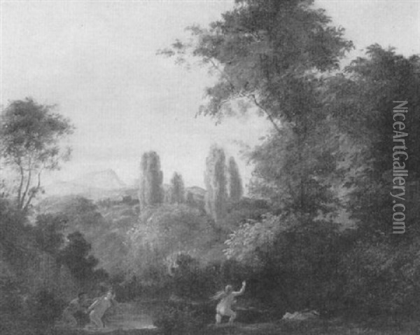 Wooded Landscape With Bathers Oil Painting - Johannes (Jan) Glauber