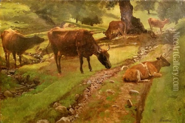 Cows In A Landscape Oil Painting - Albert Bierstadt