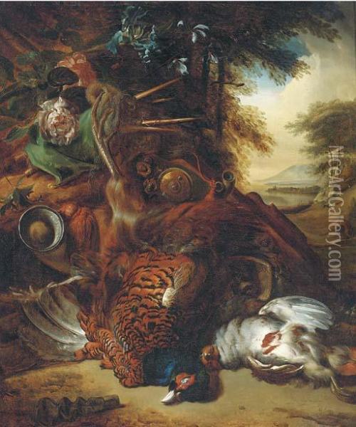 A Hunting Still Life With A 
Partridge, A Pheasant, A Powder Hornand Flowers On A Forest Floor Oil Painting - Jan Weenix