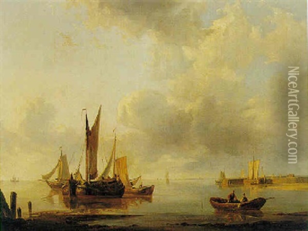 Flat Calm In A Low Countries Harbour Oil Painting - Hermanus Koekkoek the Elder