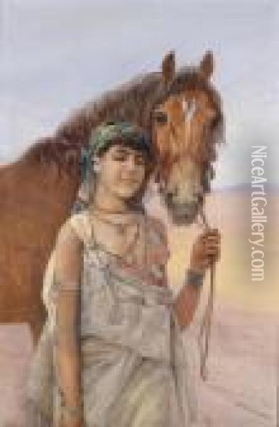 Girl With Horse Oil Painting - Otto Pilny