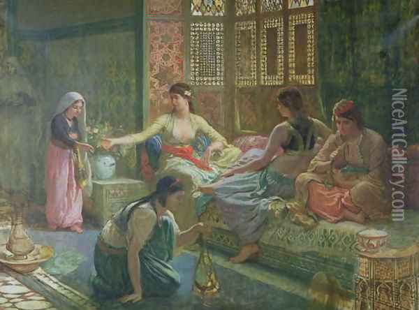 Interior of a Harem, c.1865 Oil Painting - Leon-Auguste-Adolphe Belly