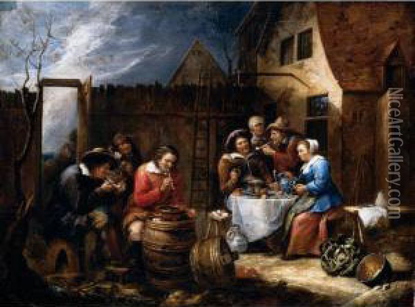 Boors Eating Drinking And Smoking Outside A Cottage Oil Painting - Gillis van Tilborgh