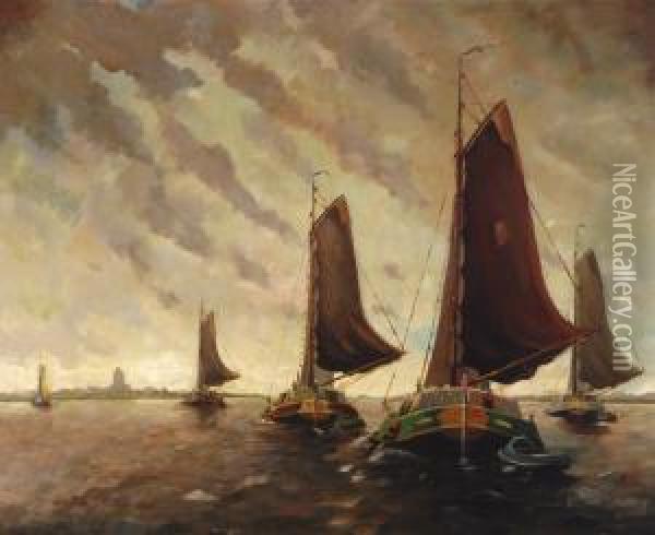 Tjalk Boats On The Sneeklake Oil Painting - Egnatius Ydema