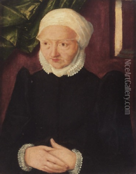 Portrait Of An Elderly Lady Wearing A Black, Lace-trimmed Dress And A White Headdress Oil Painting - Christoph Amberger