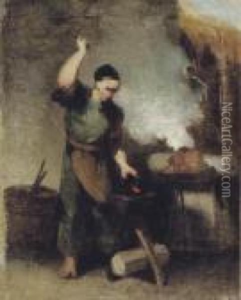 A Chinese Smithy Oil Painting - George Chinnery