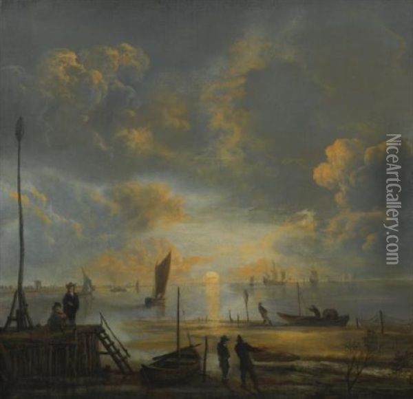 A Coastal Landscape At Dusk, With Figures Drawing In Their Boats In The Foreground Oil Painting - Aert van der Neer