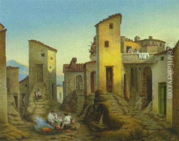 Civitella. Bauernfamilie Bei Einem Feuer Und Einer Brunnenanlage In Der Altstadt Oil Painting - Jacob Jacobson