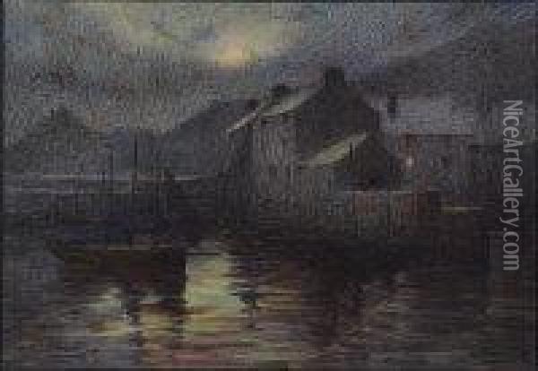 Polperro By Moonlight Oil Painting - Herbert E. Butler