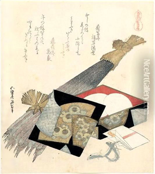 Surimono Anba Umafubuki. Cheval D'Arcons Et Bardane Oil Painting - Katsushika Hokusai