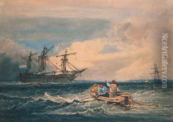 Figures In A Fishing Boat Approaching An Anchored Man-O-War Oil Painting - Samuel Prout