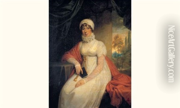 Portrait De Jeune Femme En Robe Blanche Et Chale Rouge Devant Un Paysage Oil Painting - William Owen