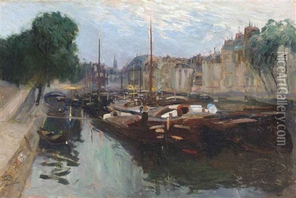Barges On The Canal Saint-martin, Paris Oil Painting - Elie Anatole Pavil