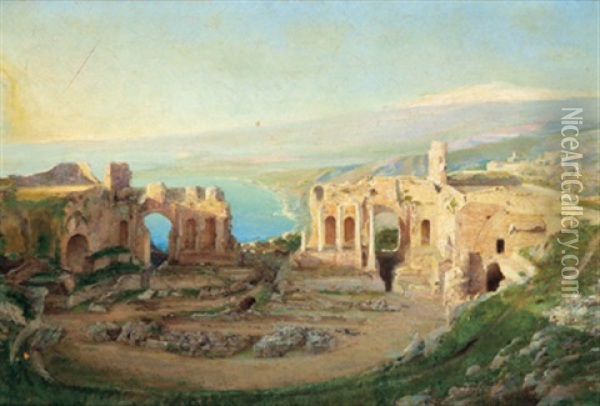Romische Ruinen In Taormina Oil Painting - Adolf Kaufmann