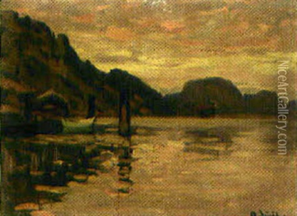 Kustlandskap I Solnedgang (+ Another, Similar; Pair) Oil Painting - Ole Juul