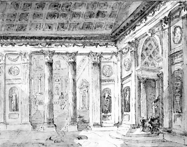 The Entrance Of An Antique Palace With Colonnades Oil Painting - Jean Lemaire