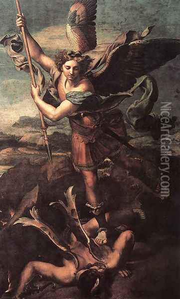 St Michael and the Satan Oil Painting - Raffaelo Sanzio