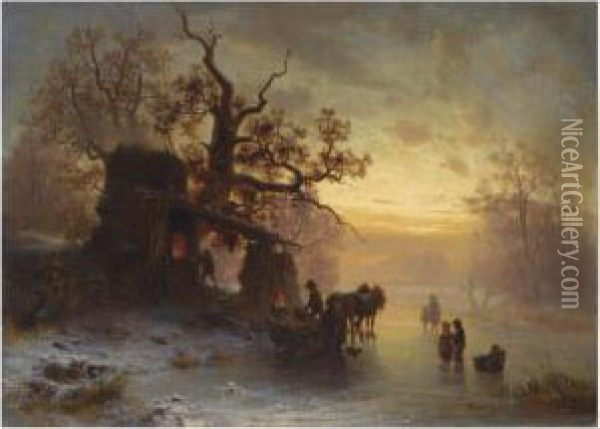Figures At A Smithy In Winter Oil Painting - Heinrich Hofer