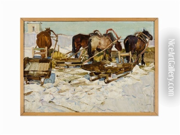 Horses In The Rig In The Winter Oil Painting - Ivan Alekseevich Vladimirov