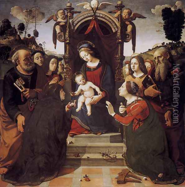 Virgin and Child Enthroned with Saints 1493 Oil Painting - Piero Di Cosimo