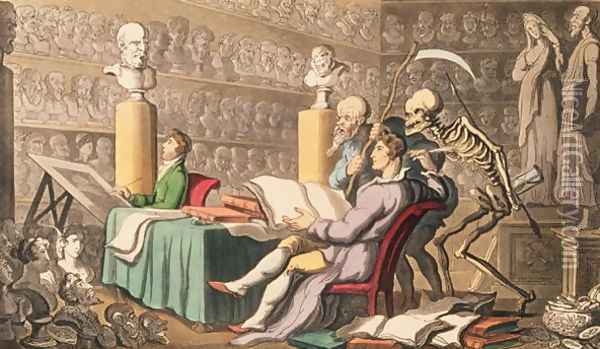 Time and Death their Thoughts Impart-On Works of Learning and of Art, from the English Dance of Death pub. by Rudolph Ackermann 1764-1834 1814 Oil Painting - Thomas Rowlandson