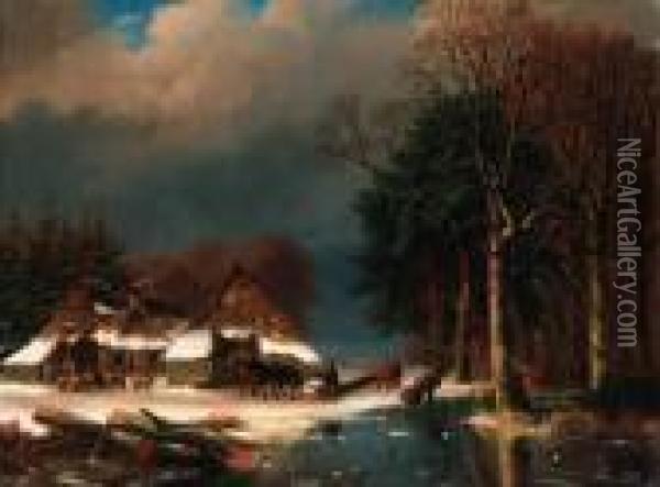 A Winter Landscape With Loggers Oil Painting - Nicholas Jan Roosenboom