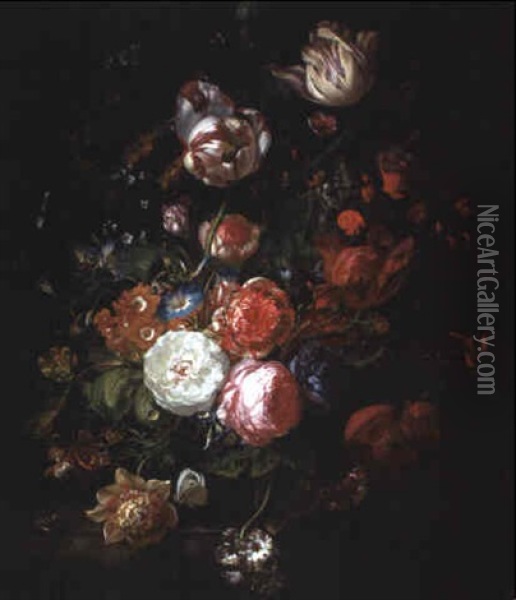 Tulips And Other Flowers In A Glass Vase On A Marble Ledge With Insects Oil Painting - Rachel Ruysch