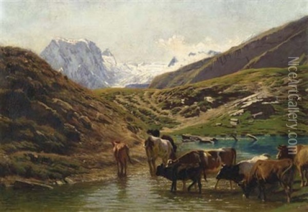 Kuhe An Der Tranke Im Gebirge Oil Painting - Albert Lugardon