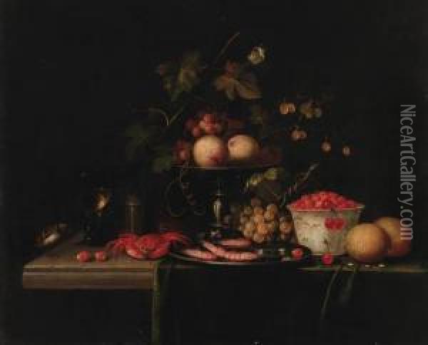 Grapes On A Vine With 
Gooseberries In A Tazza, Prawns In A Pewter Dish, A Crab, A Bowl Of 
Strawberries Oil Painting - Cornelis De Heem