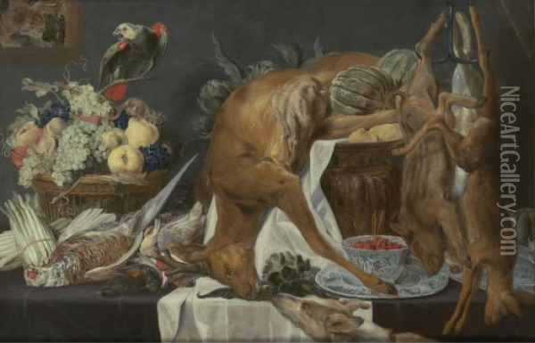 Banquet Of Life With A Deer, Two Boars, A Dog, A Basket Of Fruit With A Parrot And Bowl Oil Painting - Frans Snyders