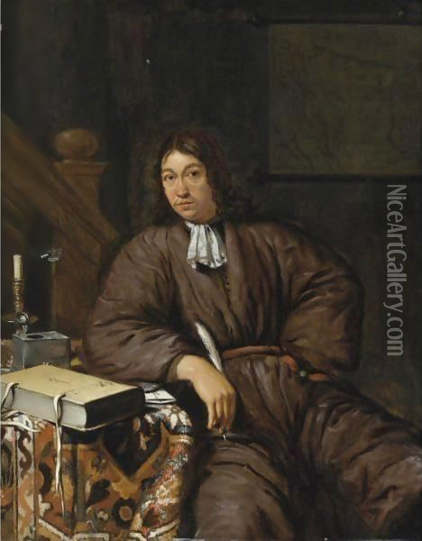 A Gentleman At His Desk Oil Painting - Michiel van Musscher